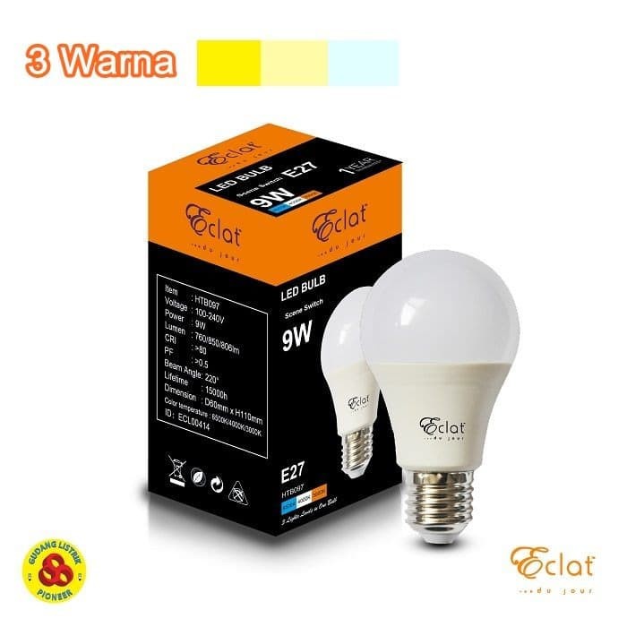 ECLAT Lampu LED 9W 3 Warna Putih-Semu-Kuning LED 9 W SceneSwitch 3Step