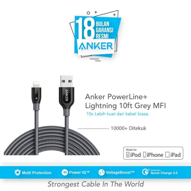 Anker PowerLine+ Lightning Mfi Certified 10ft/3m-Gray (A8123HA1)