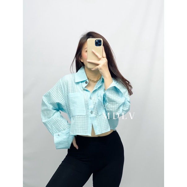 MDLV ~ 22661# Navenia Crop Shirt Atasan Kemeja Crop Import