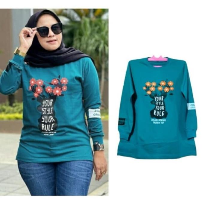 Kaos Wanita Lengan Panjang ZOLAQU Hijau Ocean M/L/XL/XXL