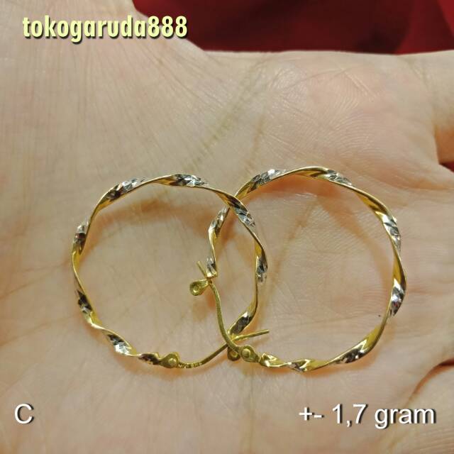 Anting giwang anak dan dewasa emas asli kadar 700 70% 22 bulat besar merica kerawang 3 dimensi oval hoops