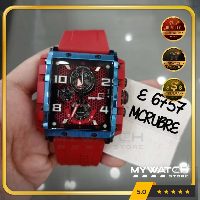 Jam Tangan Expedition Pria E 6757 E6757 Blue Red Rubber Garansi Resmi Sport Full Box