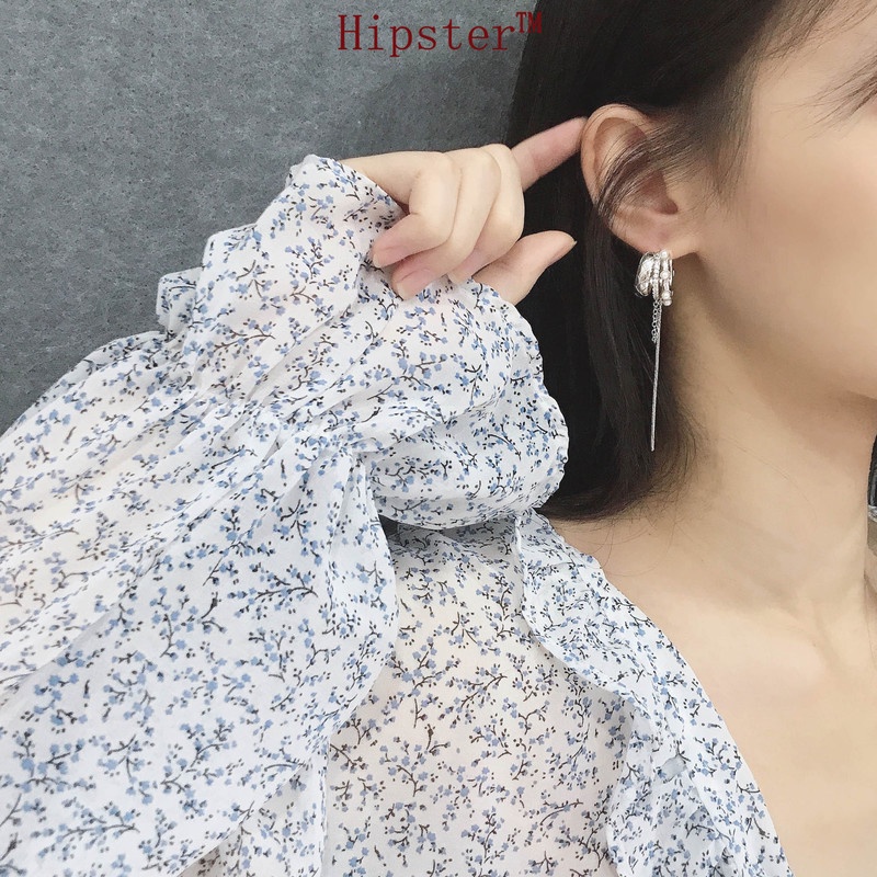 Anting Gantung Panjang Model Rumbai Dengan Mutiara Warna Silver Untuk Wanita