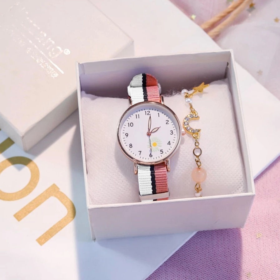 Jam Tangan Analog Wanita Gaya Korea Strap Canvas Warna-Warni Dial Bulat Motif Bunga Daisy-50-6 #5 Putih Pink