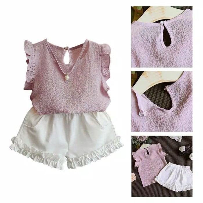 TBI 2pcs Fashion Import Setelan Blouse Sifon Anak Celana + Atasan Chiffon