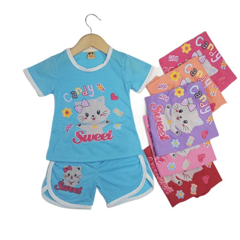 SETELAN SI JAMBUL PAKAIAN BAJU ANAK PEREMPUAN 2-7 TAHUN MOTIF SWEET CAT ABU LOLIPOP