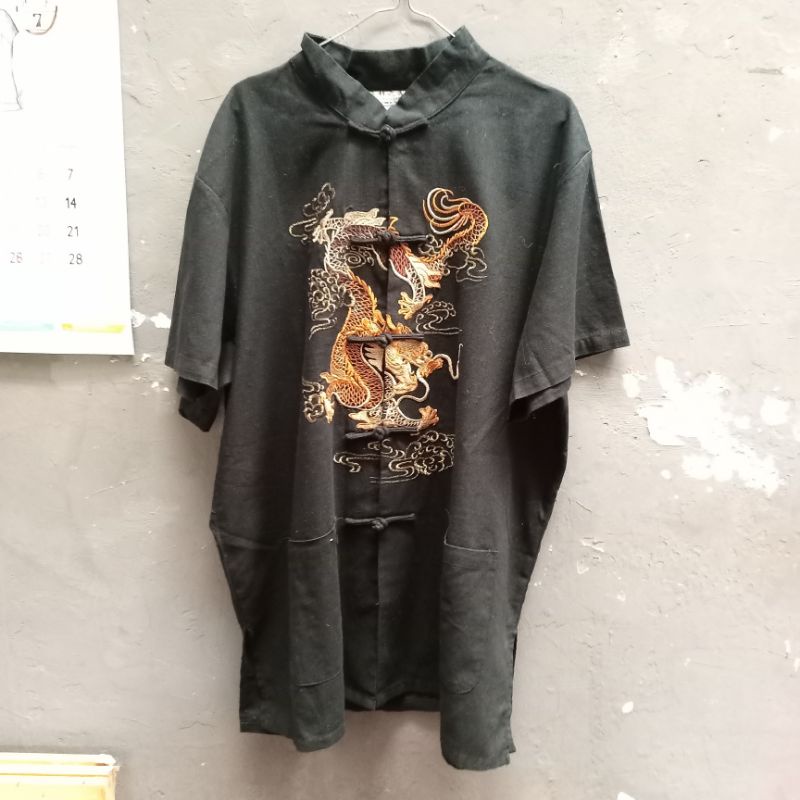 kemeja jumbo katun linen untuk pria motif naga preloved second