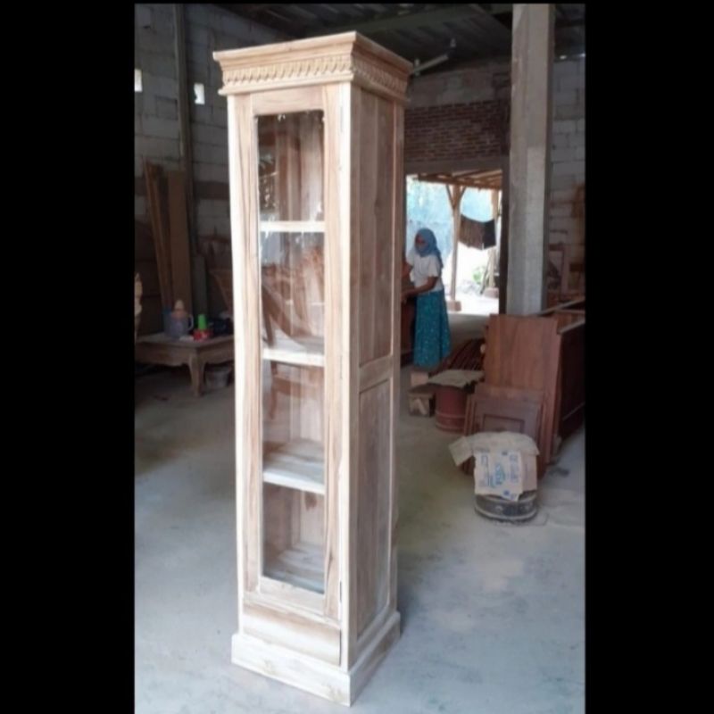 Lemari rak pajangan hias kaca pintu 1 ukir kayu jati mentahan