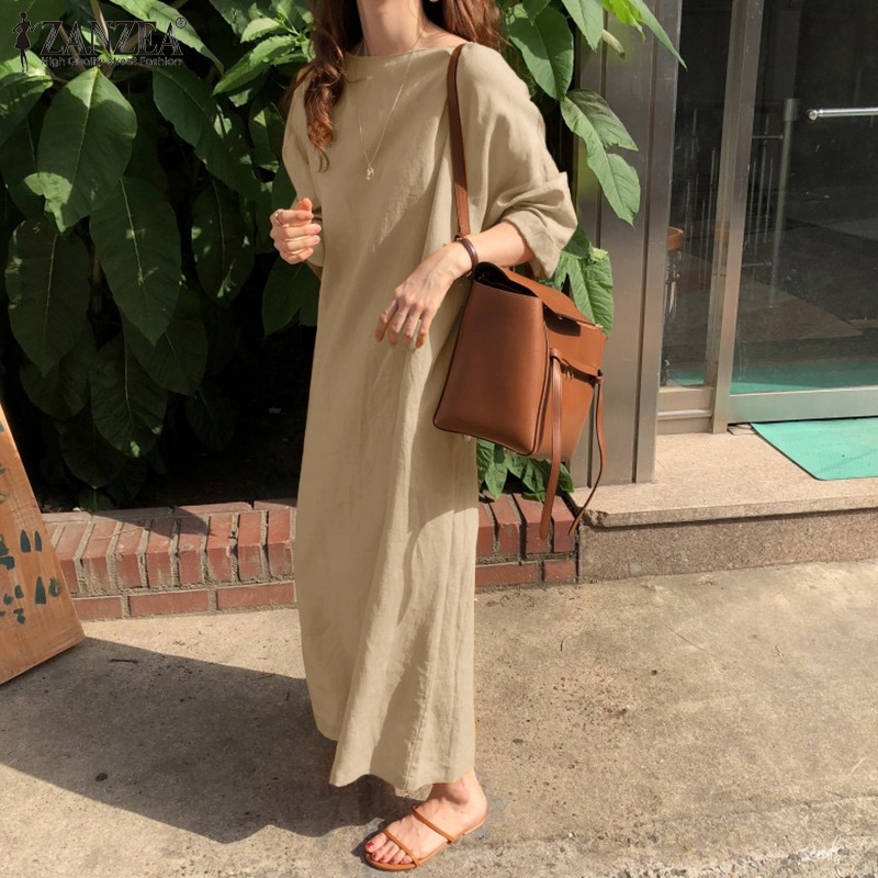 ZANZEA Women Fashion Casual Solid Color Crew Neck Long Sleeve Retro Maxi Dress