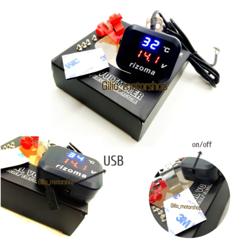 Voltmeter Digital 2 in 1 suhu voltmeter +USB Rizoma LED Kotak Universal