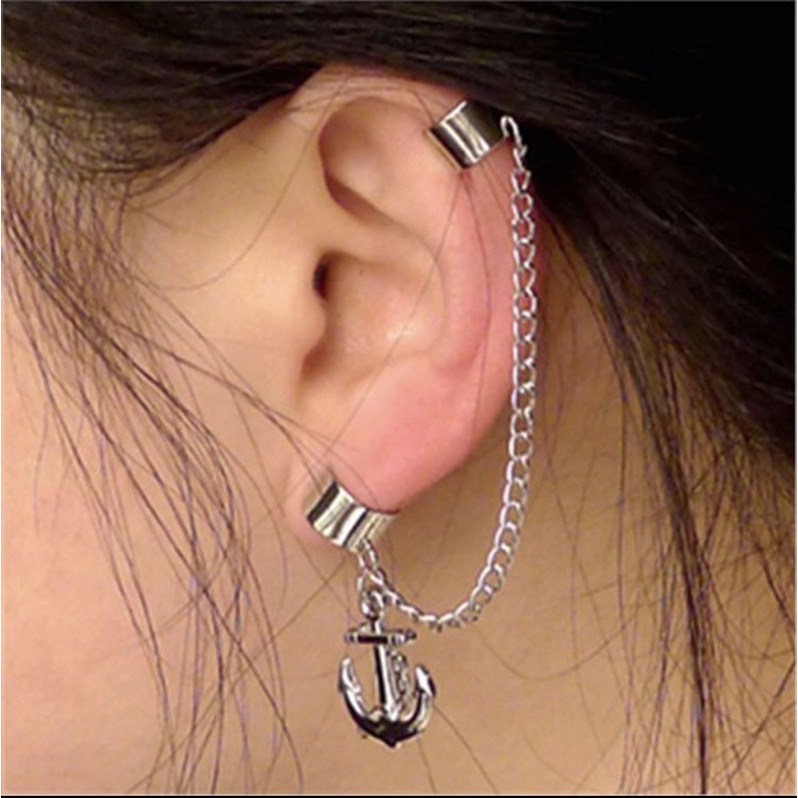 1Pcs Anting Jepit / Anting Fashion / Fake Piercing Silver (Anchor Cuff)