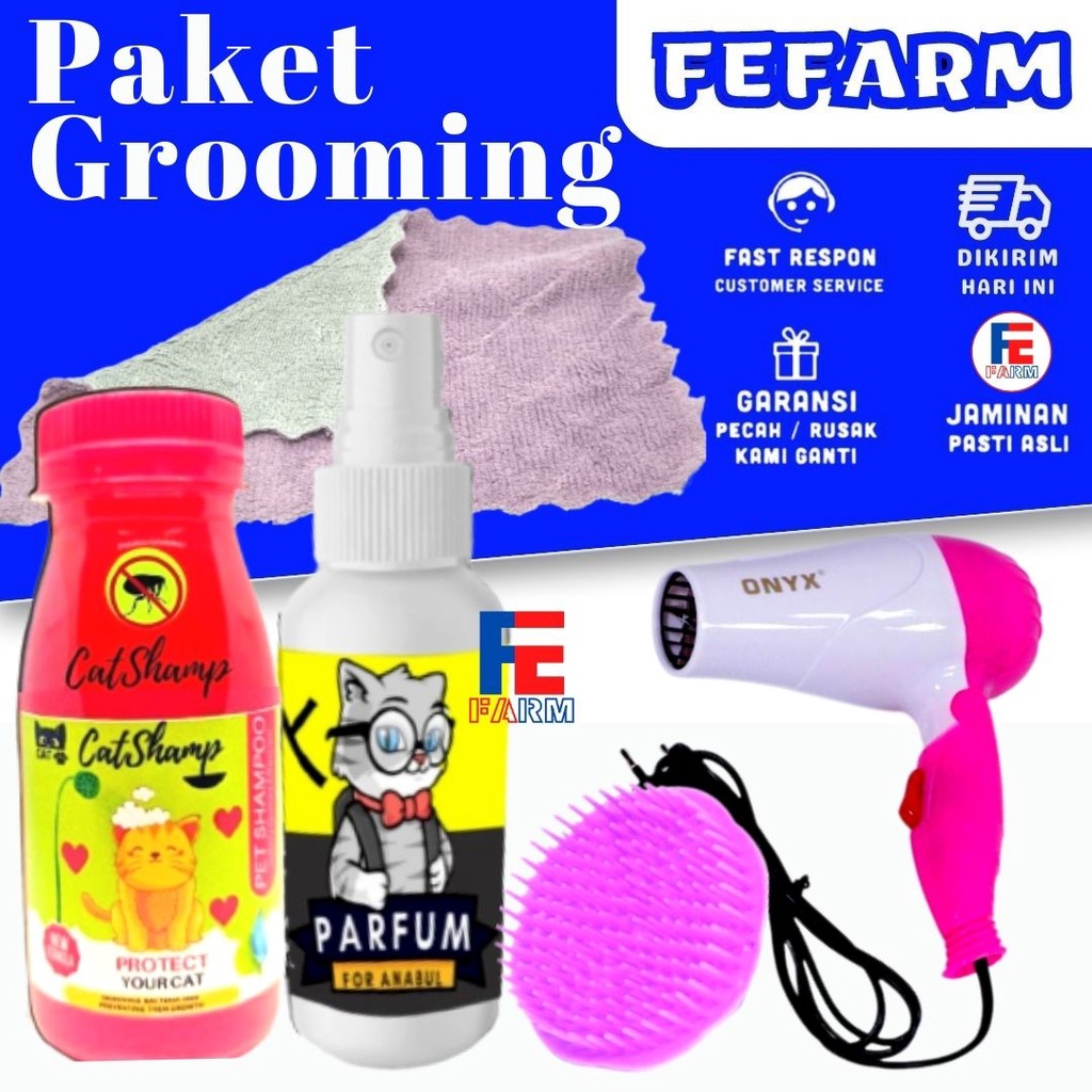 PAKET GROOMING HEWAN MANDI KUCING HAIR DRYER + HANDUK MICROFIBER + SISIR + SHAMPO FEFARM