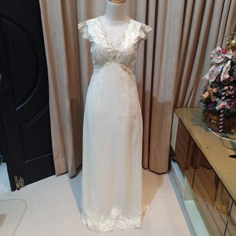 maxi long dress gaun panjang wanita cream muda pastel vneck MEWAH S cewek brokat sifon manik M good 