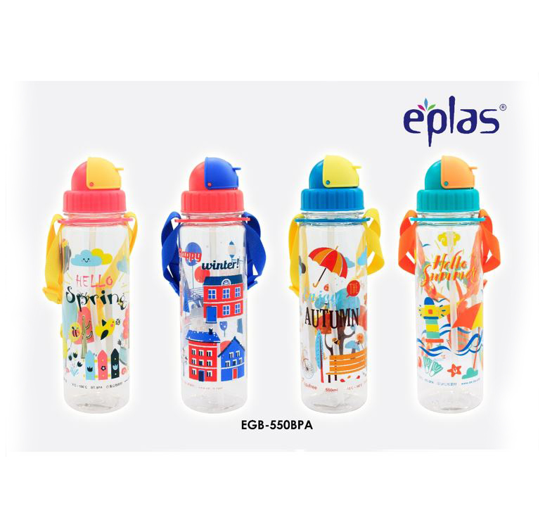 EPLAS Kids Water Bottle With Straw & Strip (550ml), Water Tumbler, Botol Air, BPA Free, Tritan EGB-550BPA