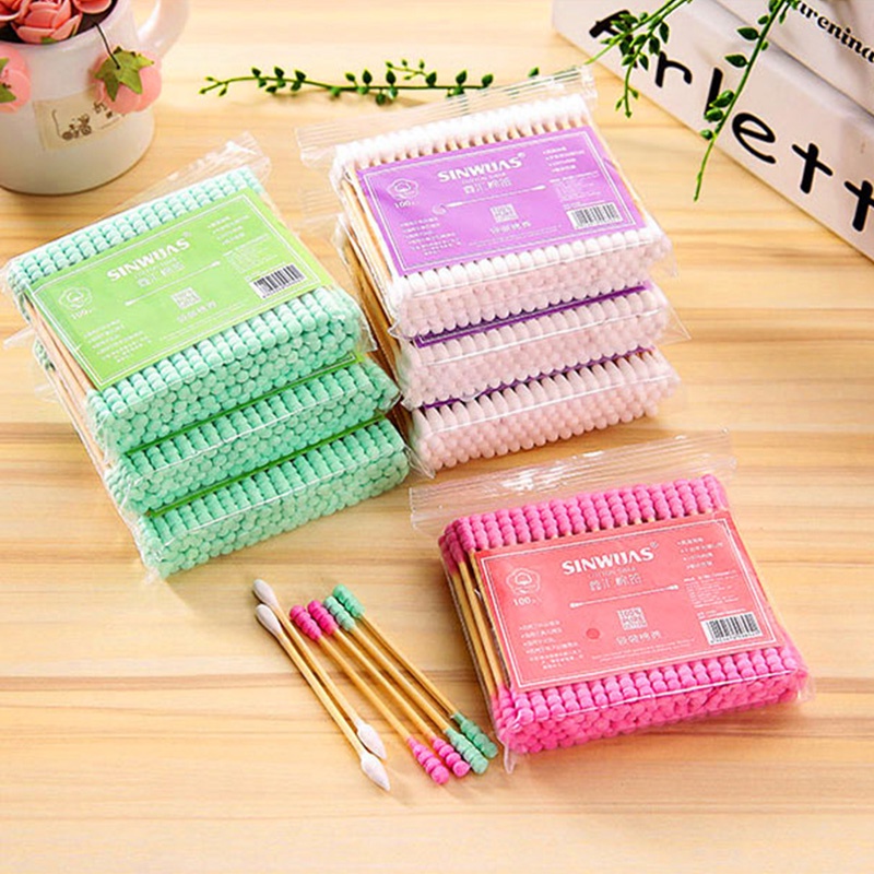 Kangaroomom 100 pcs/pack Baby Cotton Swab Thin Buds Berwarna Ganda-Spiral Ujung Kapas Sanitary Swab Kecil-Won