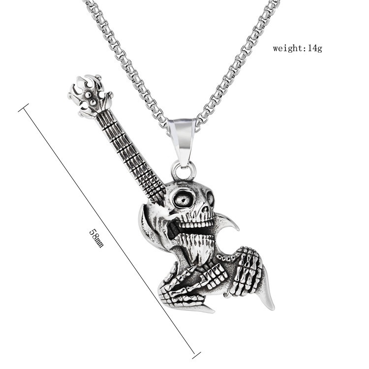 2022 Kalung Liontin Tengkorak Gitar Bahan Titanium Steel Gaya Retro Punk Rock Eropa Amerika Untuk Pria