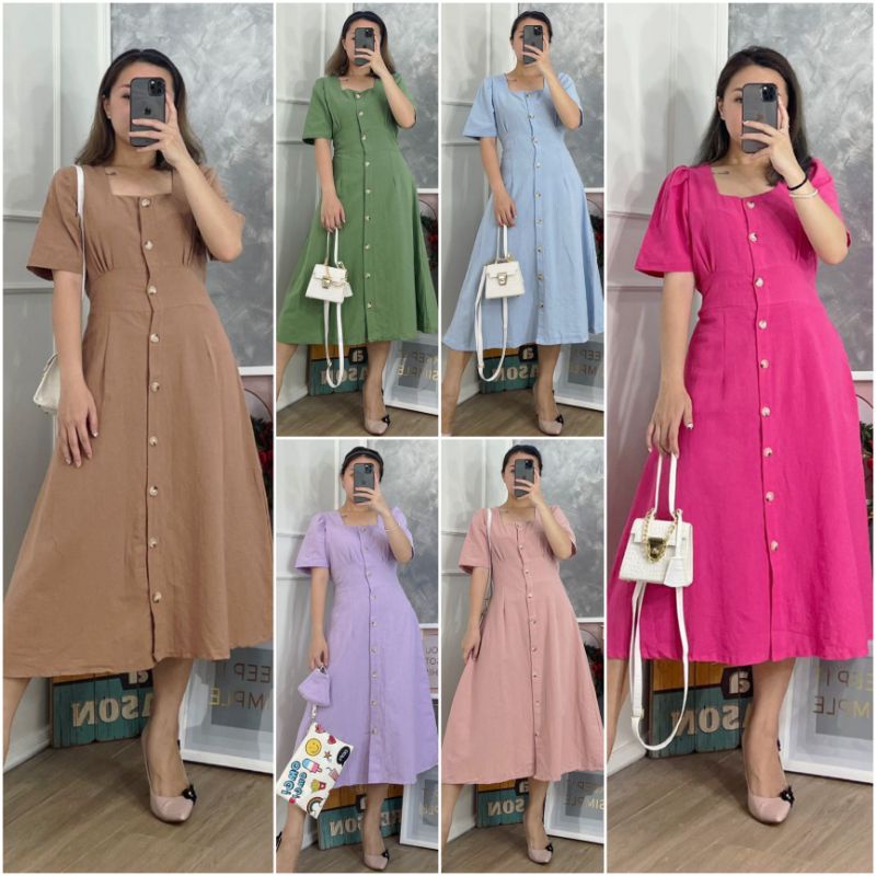 ❣️ SPECIAL PRICE ♡ PREMIUM ♡ ORIGINAL ! JUANITA VINTAGE PLAIN SQUARE NECK BUTTON MIDI DRESS ( BUSUI FRIENDLY )