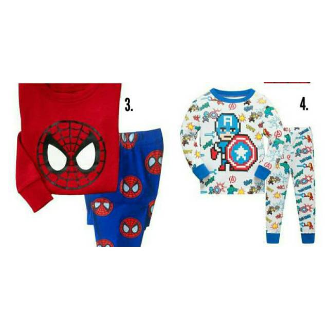 Stok Baru Piyama HK superhero/ piyama spiderman/ captain america/ piyma anak avengers importp