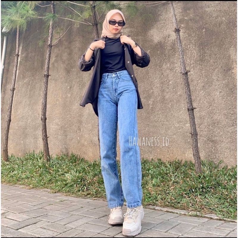 Celana kulot highwaist jeans wanita loose black