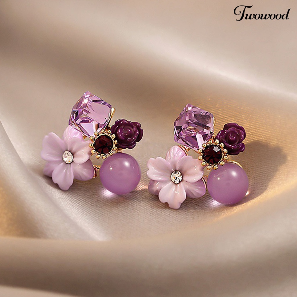 Twowood 1 Pair Exquisite Charming Women Earrings Gift Rhinestone Purple Flower Stud Earrings Jewelry Accessory