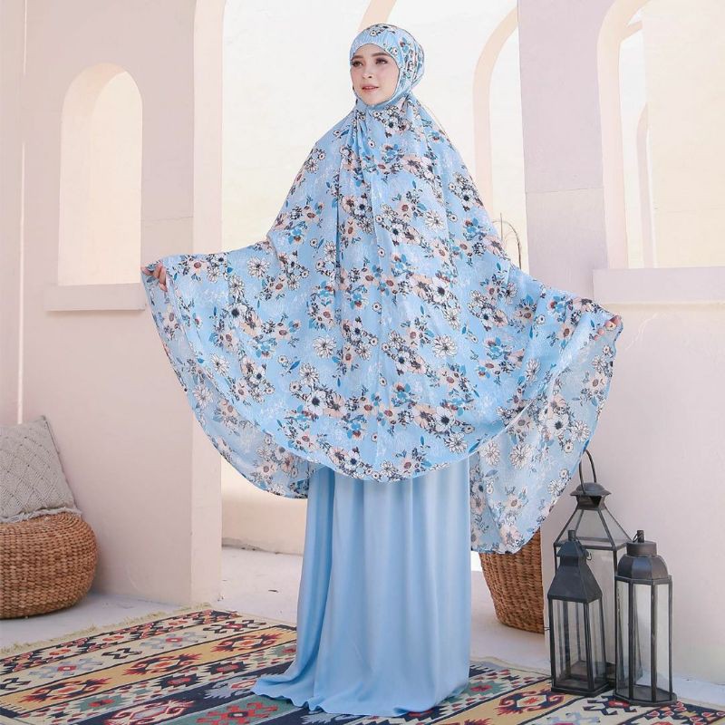 Mukenah Tazbiya Blooming Piony Series Blue/Grey/Pink Dewasa Jumbo Katun Rayon Adem Motif Cantik