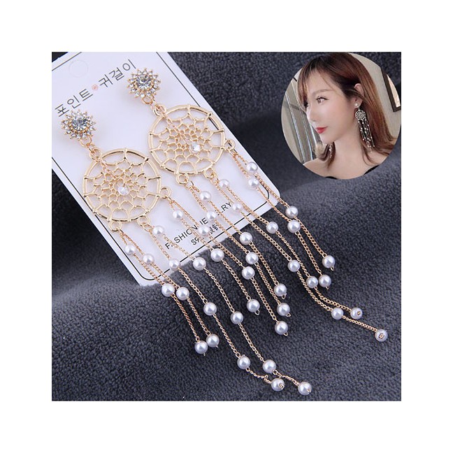 LRC Anting Tusuk Fashion Golden Dreamcatcher Pearl Tassel Stud Earrings With Diamonds A60113