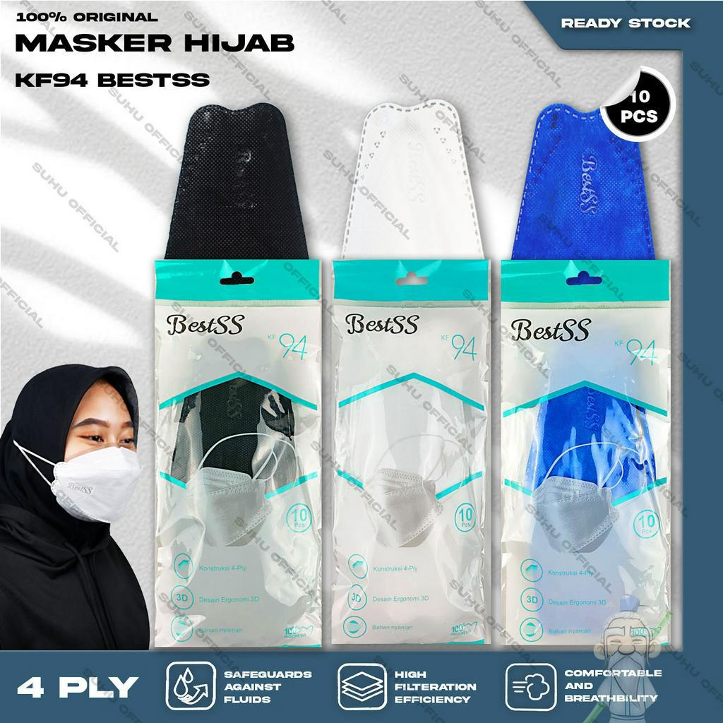 Masker KF94 Hijab BESTSS 4Ply isi 10Pcs Putih Hitam Abu Warna KF 94 4 Ply Headloop Surgical Mask Kemenkes