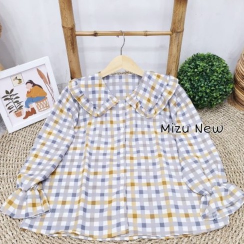 BLOUSE MIZU TARTAN / BLOUSE TARTAN KOREAN STYLE / BLOUSE KOTAK KOTAK KERAH REMPEL-MIZU NEW YELLOW