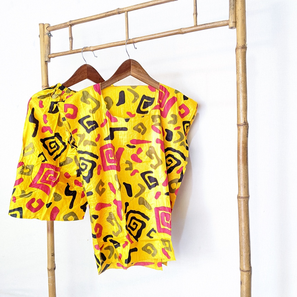 Baju Tidur Tanpa Lengan Piyama Krill Setelan Midi Homewear Homey Dress Baby Doll Dewasa Nyaman Di Rumah Santai WFH Rayon One Set Pajamas-abstrak yellow