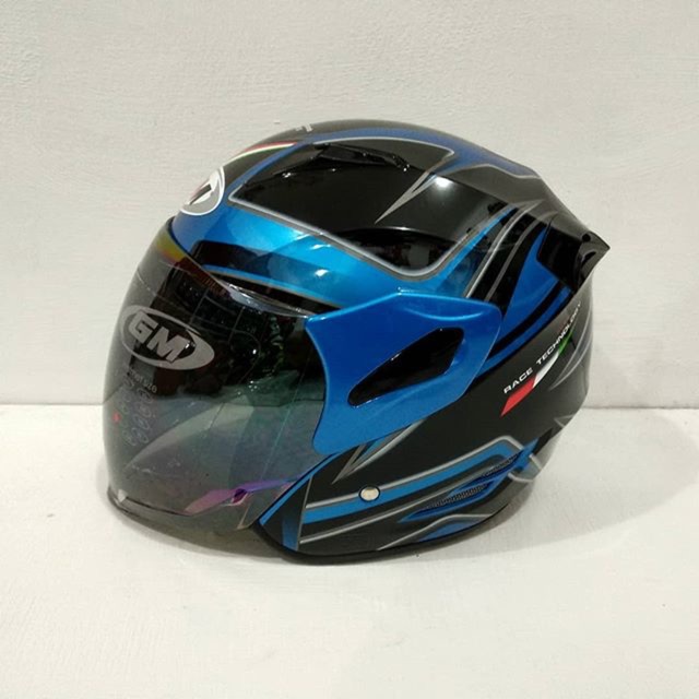 Helm GM Fighter SR Motif Hurricane Blue Metalic Black Biru Metalik Hitam