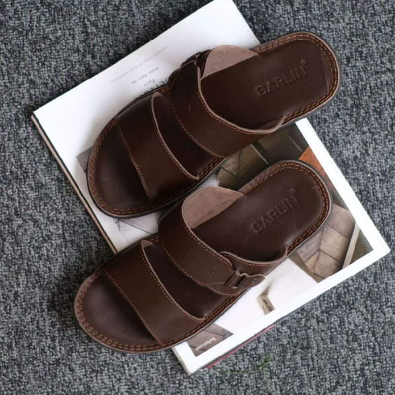 BRLN 005 Brown Sandal Pria Original Full Kulit Asli Sapi Sendal Slide Slop Selop Casual Formal