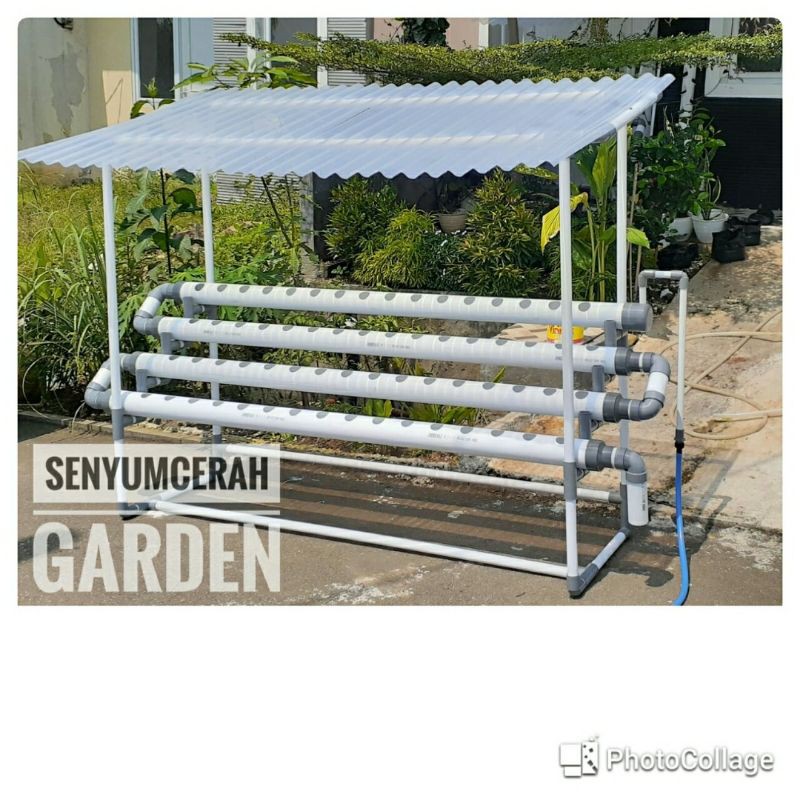 Senyumcerah garden Kit Paket Hidroponik pipa power paralon DFT 2 meter 64 lubang  + atap + pompa