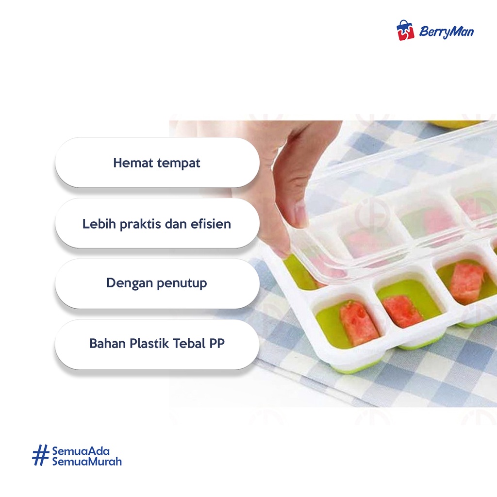 Cetakan Es Batu Silikon Kotak dengan Tutup - Ice Cube Tray isi 14