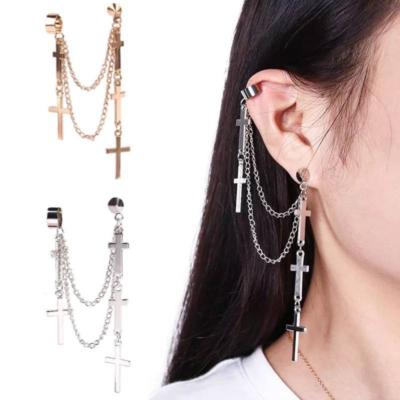 1 Pc Anting Stud Rantai Rumbai Liontin Salib Gaya Punk Elegan Untuk Wanita