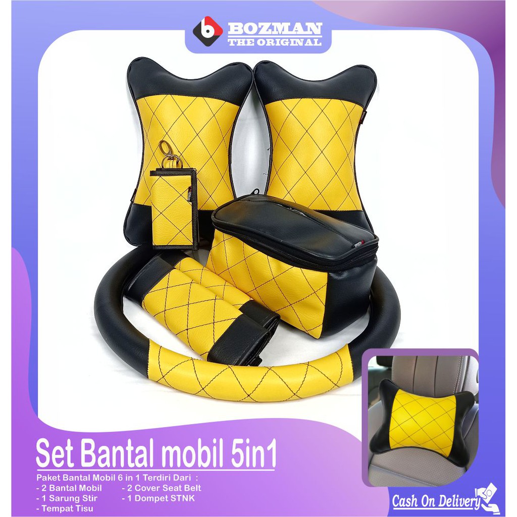 Set Bantal Mobil 5 in 1 Bantal Mobil Seatbelt Sarung Stir Dompet STNK Tempat Tissue Premium