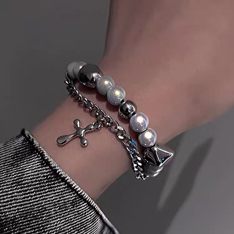 Gelang Desain cross stitching Aksen Mutiara Gaya hip-hop hipster Untuk Wanita