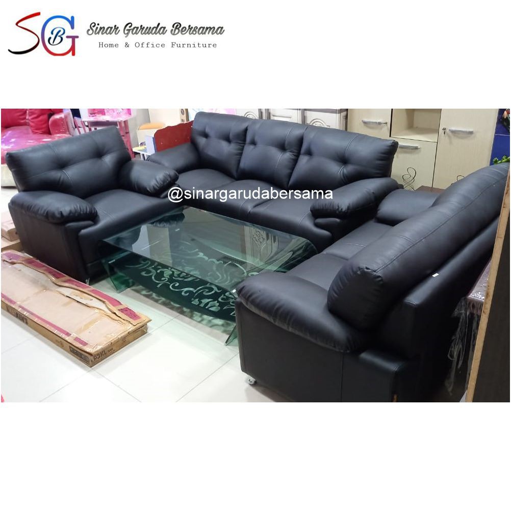 [TERBATAS] SOFA TERBARU 123 TERMASUK MEJA / SOFA WARNA HITAM EMPUK