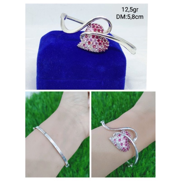 GELANG PERAK ASLI SILVER 925 LAPIS EMAS/GELANG TANGAN BANGLE LOVE DAUN MATA PUTIH KOMBINASI MATA PINK/ASLI SILVER/FASHION WANITA