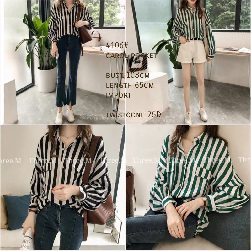Kemeja Wanita Lengan Panjang Cassual Oversize Jumbo Motif Stripe Ada Kantong Import Murah BestSeller-2