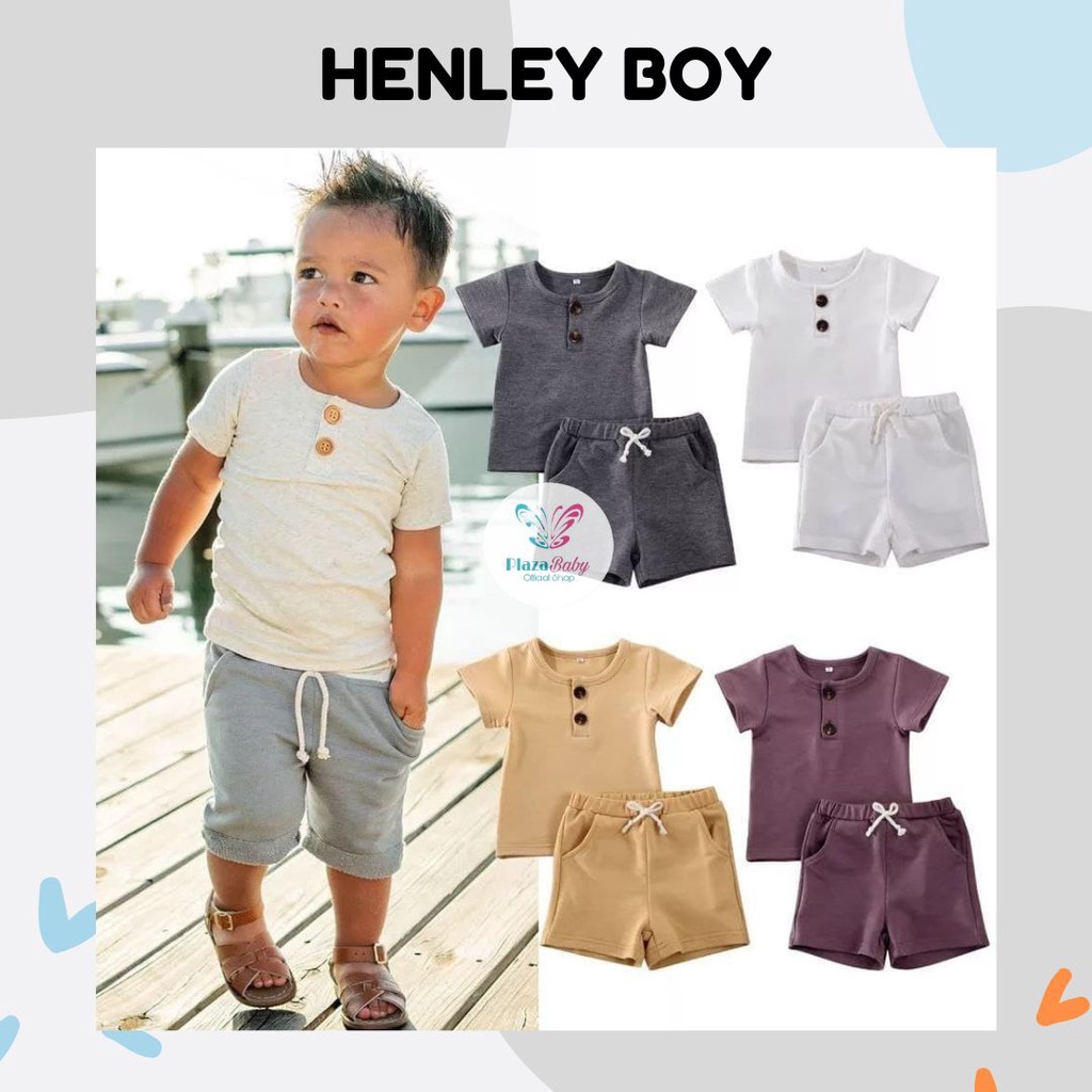 plazababyku SET HENLEY BOY Setelan Kemeja Bayi Laki-laki Lengan Pendek