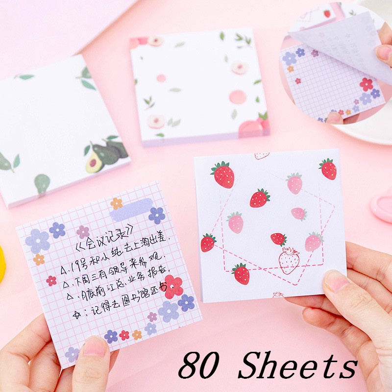 80 Lembar Memo Sticky Notes Motif Bunga Strawberry Alpukat Warna-Warni Gaya Korea Untuk Pelajar