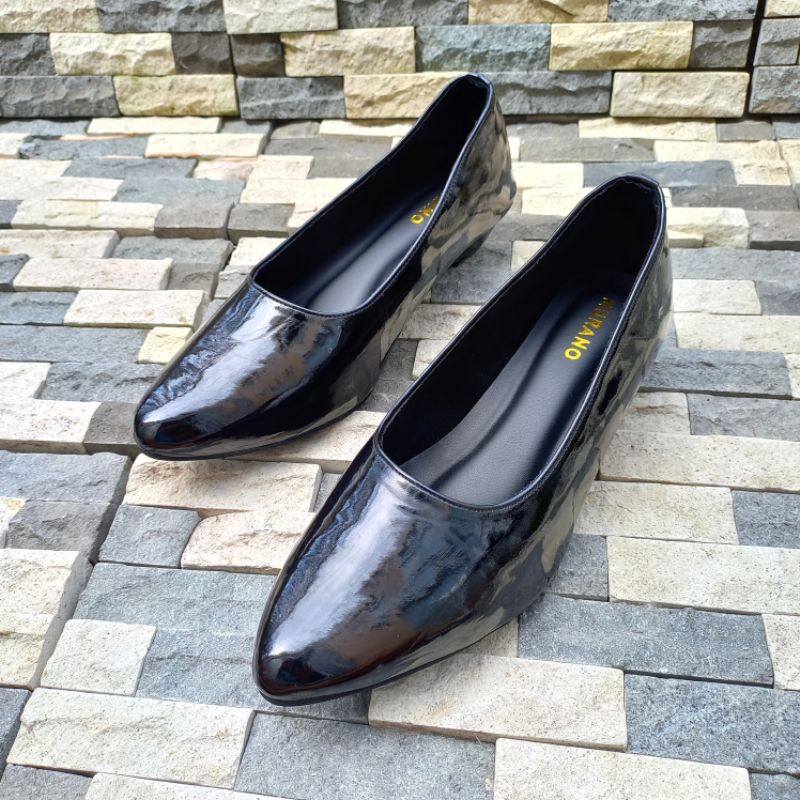 Pantofel Murano Agatha Black Glossy Size 41-46 Hak Sampan 3 cm