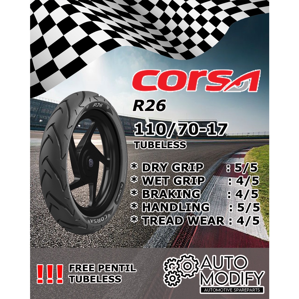 Ban Corsa Platinum R26 Ukuran 110/70-17 (Tubeless Ring 17) MATIC - FREE PENTIL