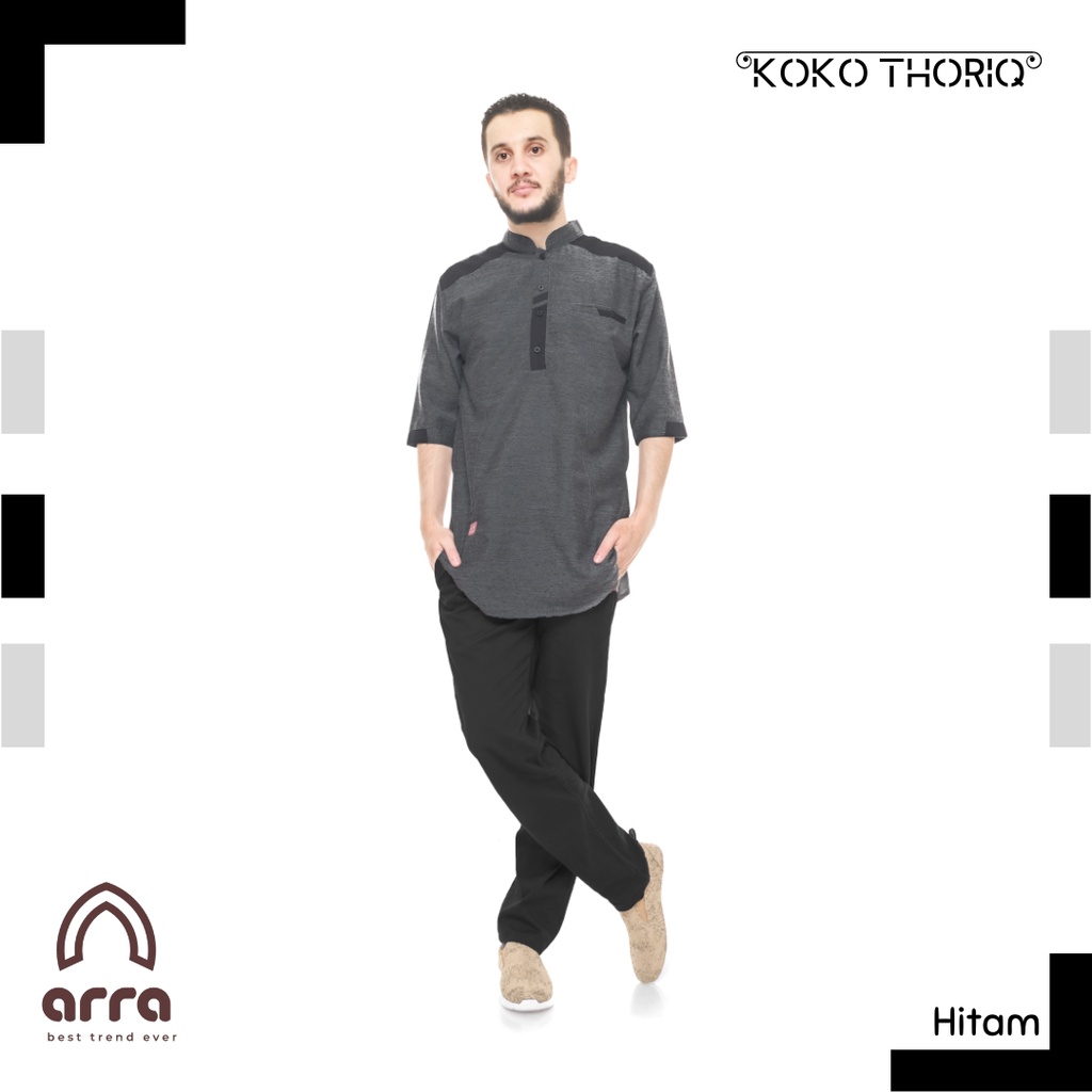 Baju Koko Kurta Thoriq Lengan Pendek Dewasa Pria Laki Ukuran Jumbo S/M/L/XL/XXL Bahan Oxford Denim Atasan Muslim Lebaran Koko Pakistan Modern Kemeja Tangan Kantong