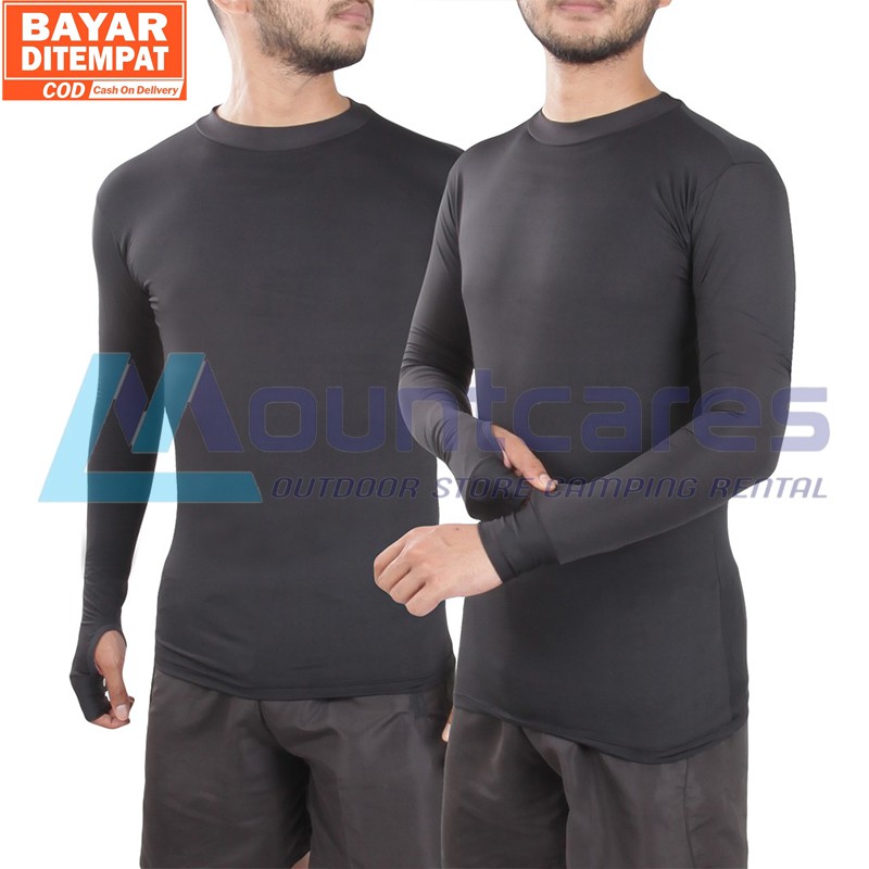 MANSET BAJU OUTDOOR HITAM POLOS LENGAN PANJANG ADA LUBANG JEMPOL BASELAYER NON THUMBHOLE PRIA WANITA