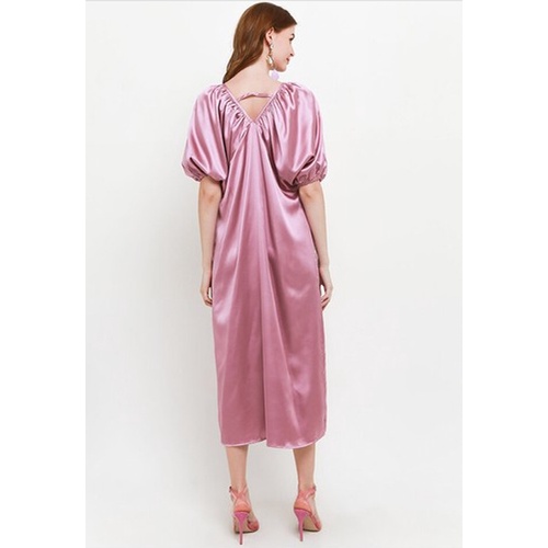 ICONS DEEP V NECK CROSS BACK SILKY PUFF SLEEVE DRESS LEBARAN MODERN MEWAH FASHION WANITA TNIC0601BB/0422