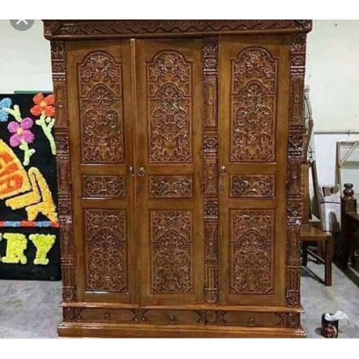 almari gebyok full ukir 3 pintu warna yellow original jati jepara