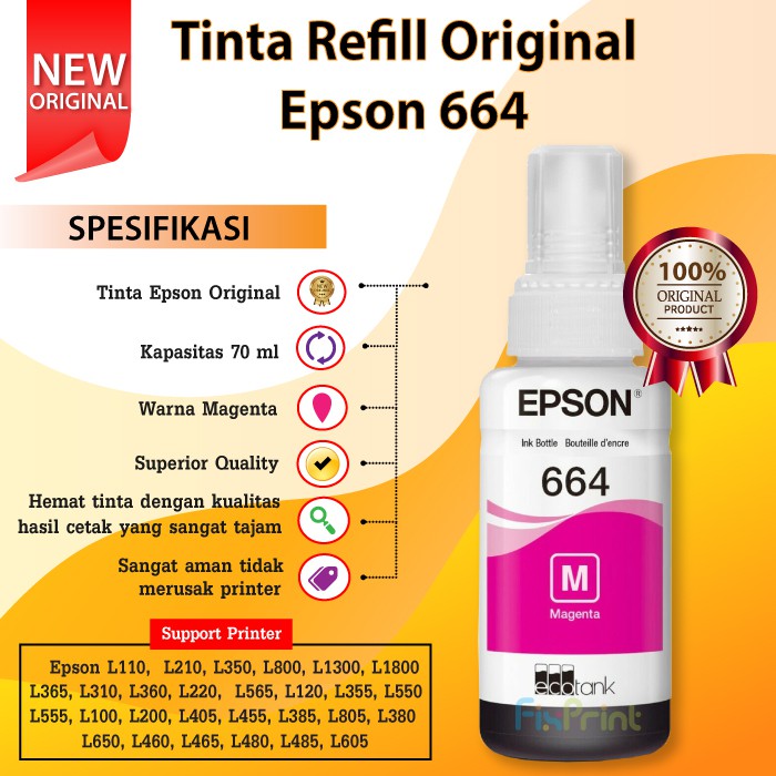 Tinta Epson Original Printer L110 L120 L210 L220 L300 L310 L350 L355 L360 L360 L455 L550 664 T664