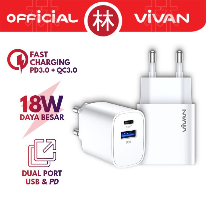 Vivan Power Turbo 18 Dual Port Output 18W PD &amp; QC3.0 Charger