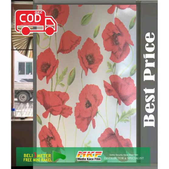 STIKER KACA RUMAH GEDUNG MOTIF BUNGA MERAH
